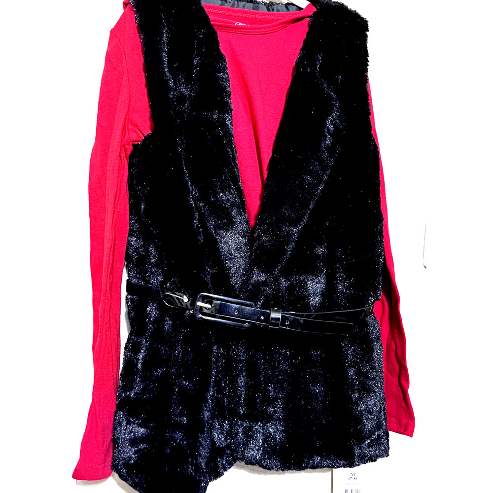 New Faded‎ Glory Girls Black Faux Fur Vest & Red Long Sleeve Top w/Belt Sz M 7/8
